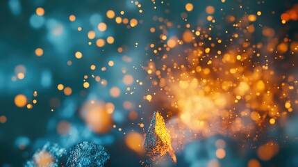 Glowing cluster of orange particles bursting upward from dark textured forms into a teal blue backdrop, creating a dynamic, sci fi energy reaction with sparks and motion