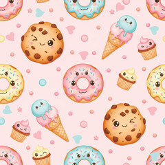 Cute watercolor dessert seamless pattern. Sweet background with smiling donuts, cookies, ice cream, and cupcakes on a pink texture.
