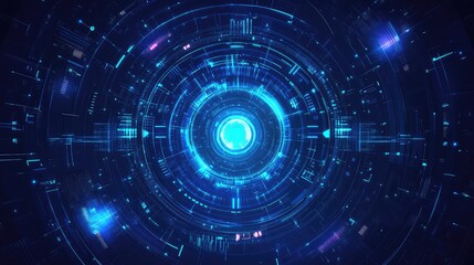 Digital data flowing through a futuristic blue technology background forming concentric circles, symbolizing global network connections and advanced computing systems