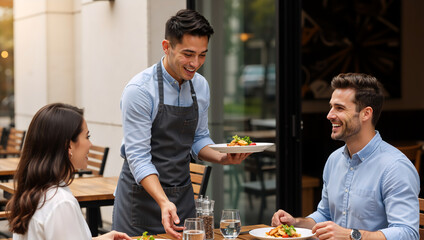 Smiling waiter serving food to a happy couple at an outdoor restaurant table. Professional hospitality and dining concept