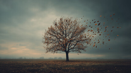 A dry tree with fallen leaves stands alone with brittle branches.