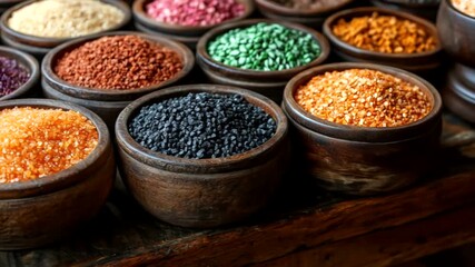 Assortment of colorful bath salts in wooden bowls.