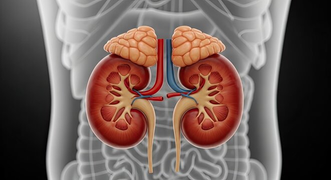 Anatomical Illustration of Pair Human Kidneys Adrenal Glands and Urinary System Against Blurred Background Showing Organ Structures and Blood Vessels Exactly 200 Characters