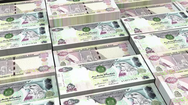 United Arab Emirates 500 Dirham Banknote Horizontal 3D Animation ? Realistic Money Motion, Finance, Economy, Business and Banking Currency Visualization