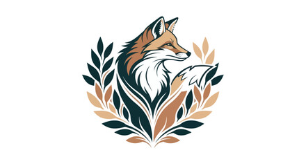 Stylized fox illustration surrounded by decorative foliage on white background