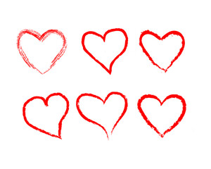 Red grunge hand drawn heart, valentine`s day brush strokes. Hand drawn brush love symbols with rough textured.Vector illustration isolated over white background. Symbol of love and valentine`s day