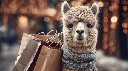 Obraz premium Cute animal carries shopping bags in a festive market during evening hours