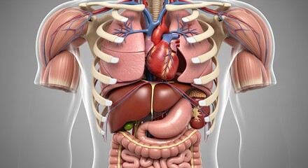 Anatomical Illustration of Human Torso Featuring Major Organs Such as Heart Lungs Liver Stomach Intestines Muscles Bones and Vessels on Transparent Background