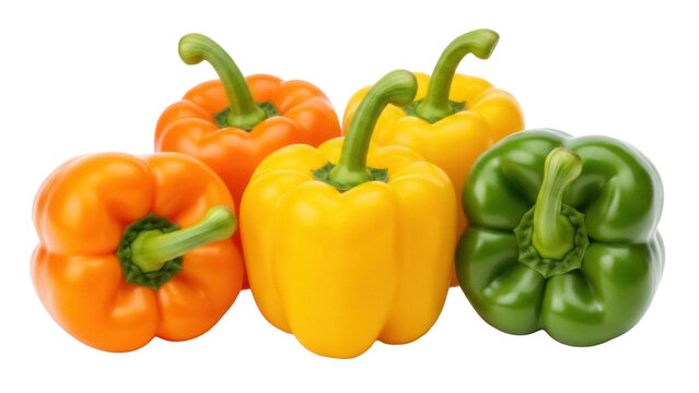 Colorful bell peppers PNG isolated on transparent background, assortment of orange yellow and green sweet peppers for cooking and healthy eating