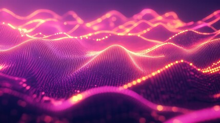 Abstract digital landscape shows glowing data waves and particles moving across a purple background, representing technology, communication, and big data concepts