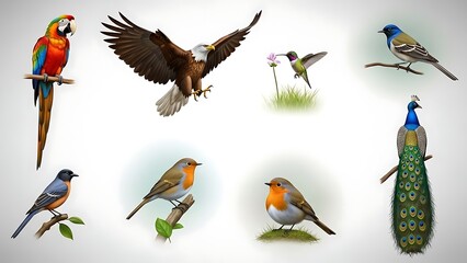 Naklejka premium Vibrant collection of diverse birds in various poses and settings naturally