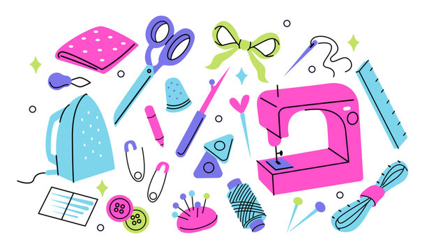 Sewing tools vector illustration set. Sewing machine, iron, needles, pins, scissors, measuring ruler, fabric and other tailoring accessories. Handmade atelier and clothing repair concept.
