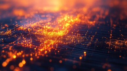 Circuit board featuring glowing orange and red light particles symbolizing electronic circuits processing information. Visualizing network connections. Artificial intelligence. And big data technology