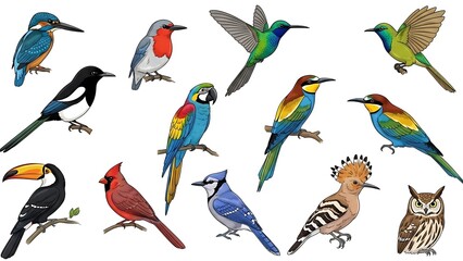 Fototapeta premium Vibrant illustrations of various colorful birds on white background