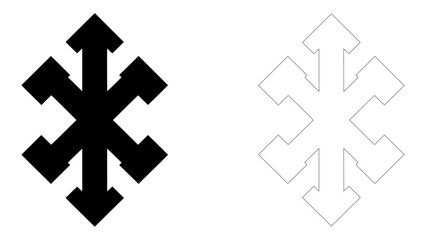 A unique black six-pointed arrow symbol on a clean white background creating a striking contrast