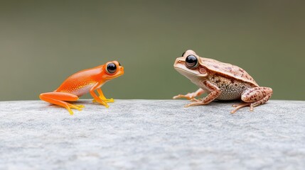 Naklejka premium Two colorful frogs sitting on a gray textured surface with blurred green background.