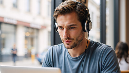 Fototapeta premium Focused young man wearing headphones working on a laptop in a cafe. Male student concentrating on e-learning or listening to a podcast for remote work