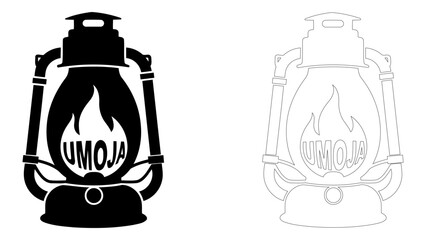 Vintage lantern silhouette with 'umoja' wordmark illuminating a sense of unity and heritage