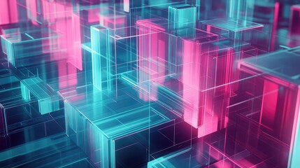 Abstract network showing interconnected transparent glass blocks arranging to form a complex digital architecture, representing data flow, technology, and connectivity