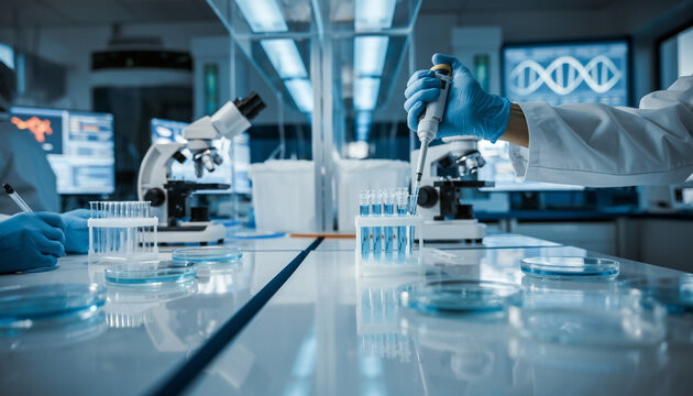 Hands of scientists in lab coats working with microscopes and test tubes in a modern laboratory with blue tones.