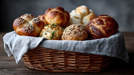Assorted freshly baked bread rolls served in a wicker basket with cloth for bakery and breakfast concept