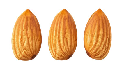 Three almonds isolated on transparent background PNG, healthy snack food with natural texture and brown color for culinary and nutrition concepts