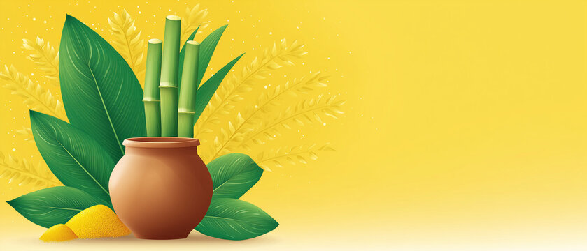 Pongal harvest festival banner with traditional clay pots filled with rice, sugarcane leaves and wheat on yellow background, festive indian agriculture concept for holiday banners, posters, web head