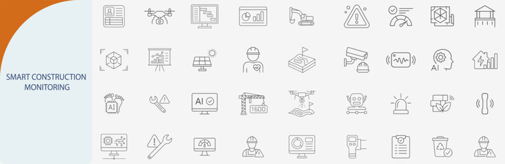 smart construction monitoring safety minimal line vector icon set