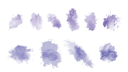 Set of watercolor circles brash soft purple on white background. Color splashing hand drawn transparent vector background. water color texture for cards, Brushstrokes and splashes.