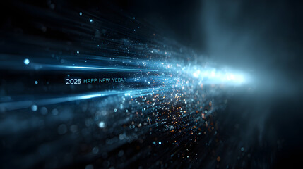 A magical animation on a dark blue background, featuring a glowing futuristic blue progress bar transitioning from 2025 to Happy New Year 2026 with particles