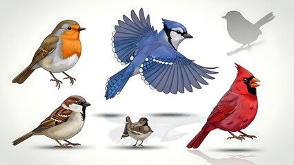 Fototapeta premium Vibrant colorful birds in various poses and flight