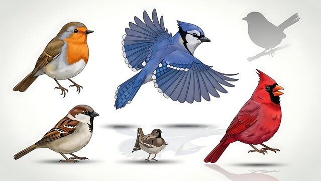 Vibrant colorful birds in various poses and flight