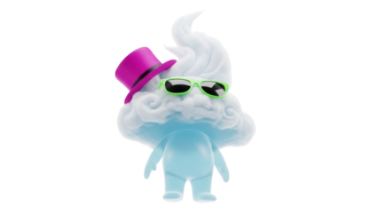 Whimsical cloud character with hat and sunglasses PNG isolated, cute cartoon mascot on transparent background for design and decoration