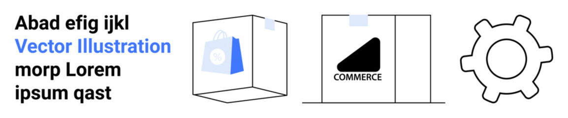 E-commerce, digital marketing, technology, online shopping, gears, business processes. A cube with graphics, a commerce symbol and a gear image. E-commerce and technology concept