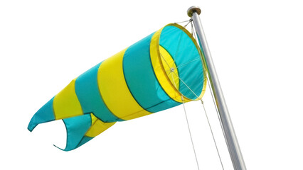 Striped windsock PNG isolated on transparent background, yellow and turquoise wind direction indicator for weather observation and aviation use