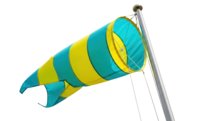 Striped windsock PNG isolated on transparent background, yellow and turquoise wind direction indicator for weather observation and aviation use