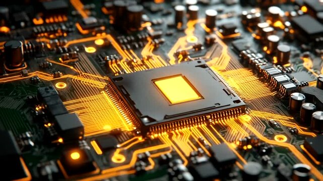 Close-up of glowing computer motherboard with central processor unit and circuits.