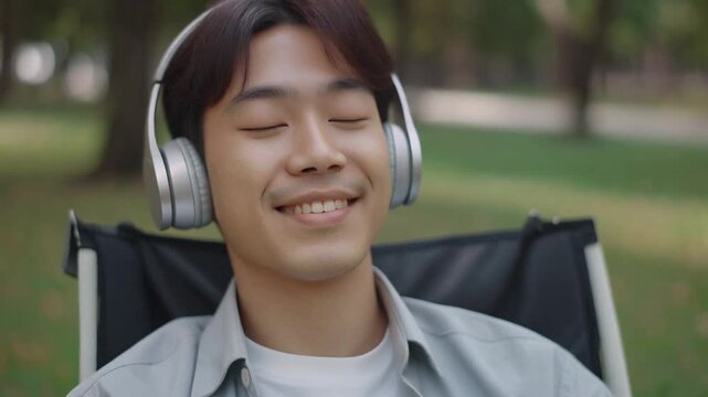 Embracing tranquility A blissful young man unwinds in the fresh air, lost in his favorite tunes, finding serene joy and calm in nature's embrace