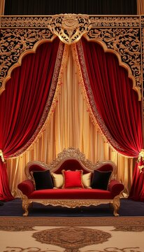 Royal Indian wedding stagewith velvet curtains and gld accents