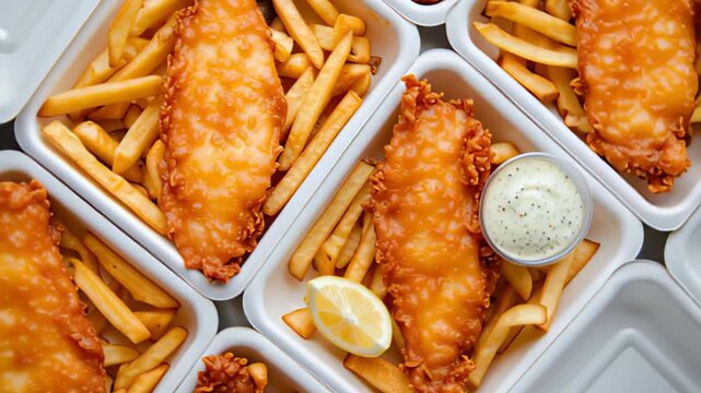 Crispy fish and chips with lemon wedge and tartar sauce in tray