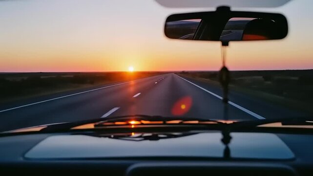 Driving into the sunset on a long open road.
