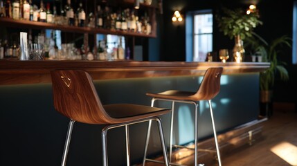 Sleek modern bar interior with high metal leg wooden seat stools