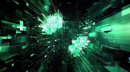 Abstract green digital data flowing at high speed through a complex technological tunnel, representing concepts of big data, artificial intelligence, and global connection