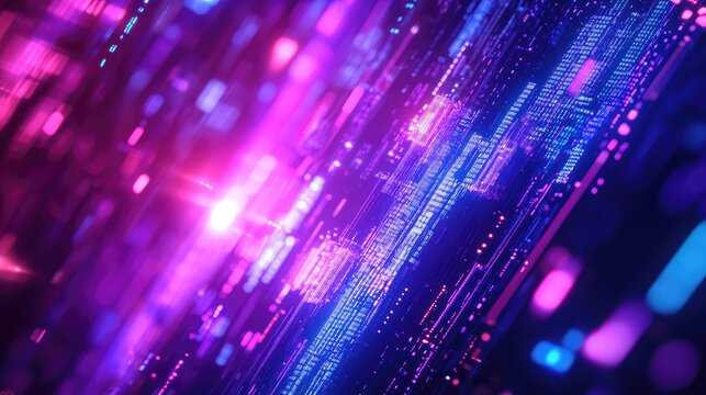 Abstract digital data reflecting movement through a futuristic circuit board background, showing glowing elements representing information transfer and technological speed with vibrant neon colors - Powered by Adobe