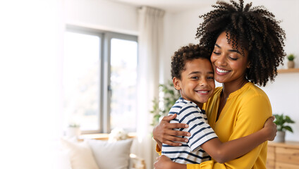Happy African American mother hugging her smiling son at home. Loving black family showing affection and bonding. Motherhood concept with copy space
