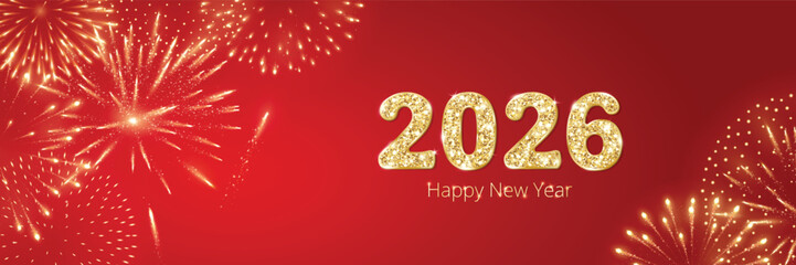 Fireworks in corners with gold 2026 numbers on red background, glowing New Year typography for Chinese New Year and Lunar New Year celebration designs. For banners, posters and social media headers. © Olga Prozorova