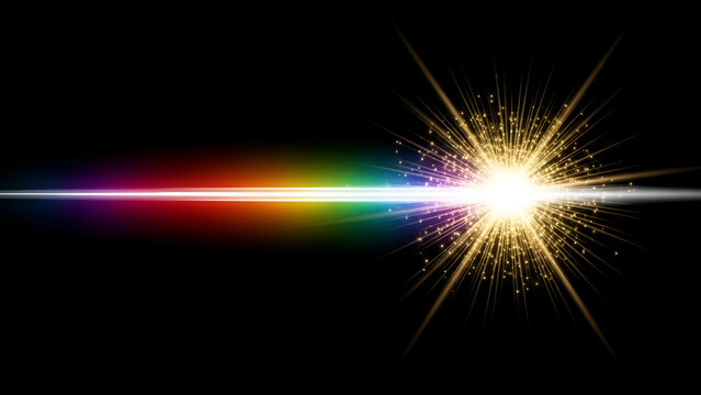 Lens flare with golden spark and camera glow effect magic radial light sparkle aura flash speed heat ray rainbow white sky black background vector power line illustration