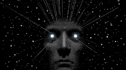 A digital portrait of a human face, rendered with a starry, cosmic background, highlighting a connection to the universe.