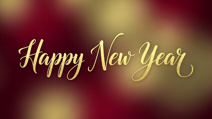 Golden Happy New Year text on dark red background with bokeh lights