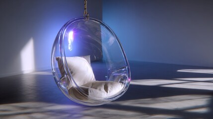 Transparent acrylic hanging chair in minimalist interior with soft lighting
